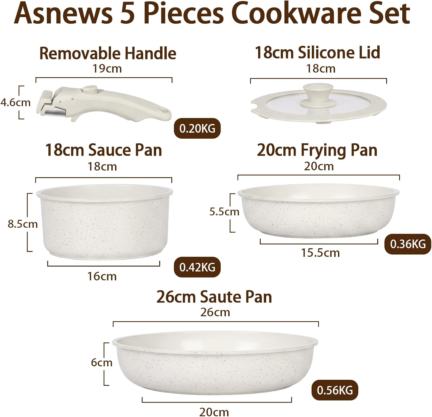 Pots and Pans Set Non Stick, 5 PCS Ceramic Cookware Set with Detachable Handle