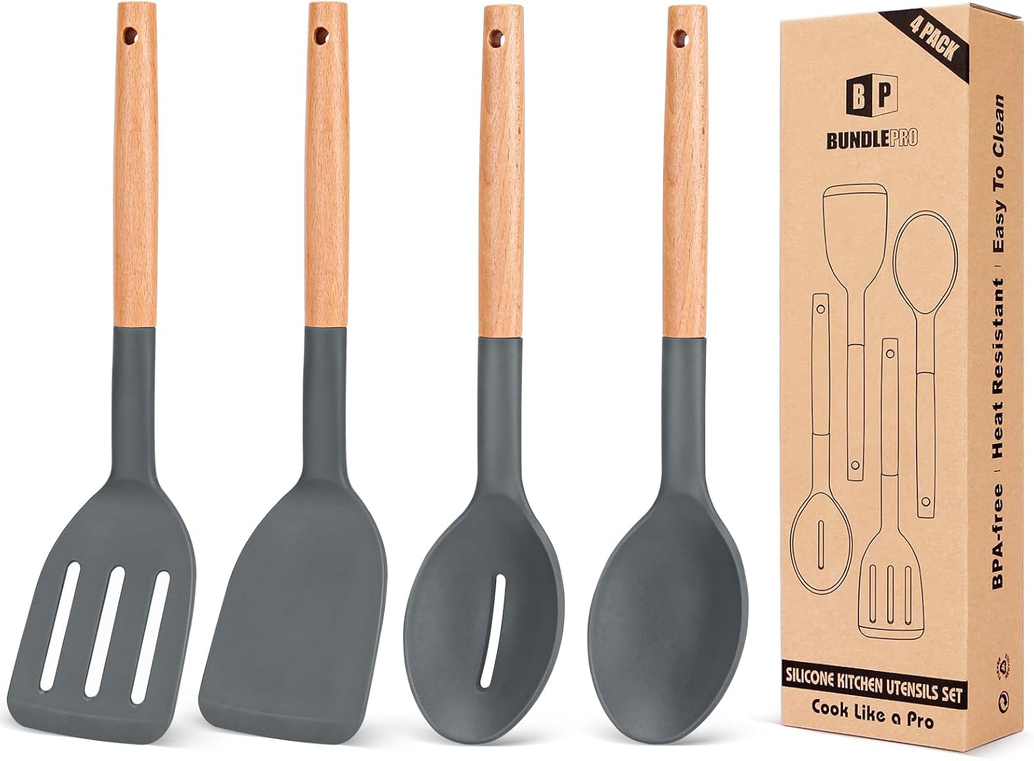Pack of 4 Silicone Cooking Utensils Set, Non Stick Solid Spatulas and Heat Resistant Slotted Spoons with Wooden Handle