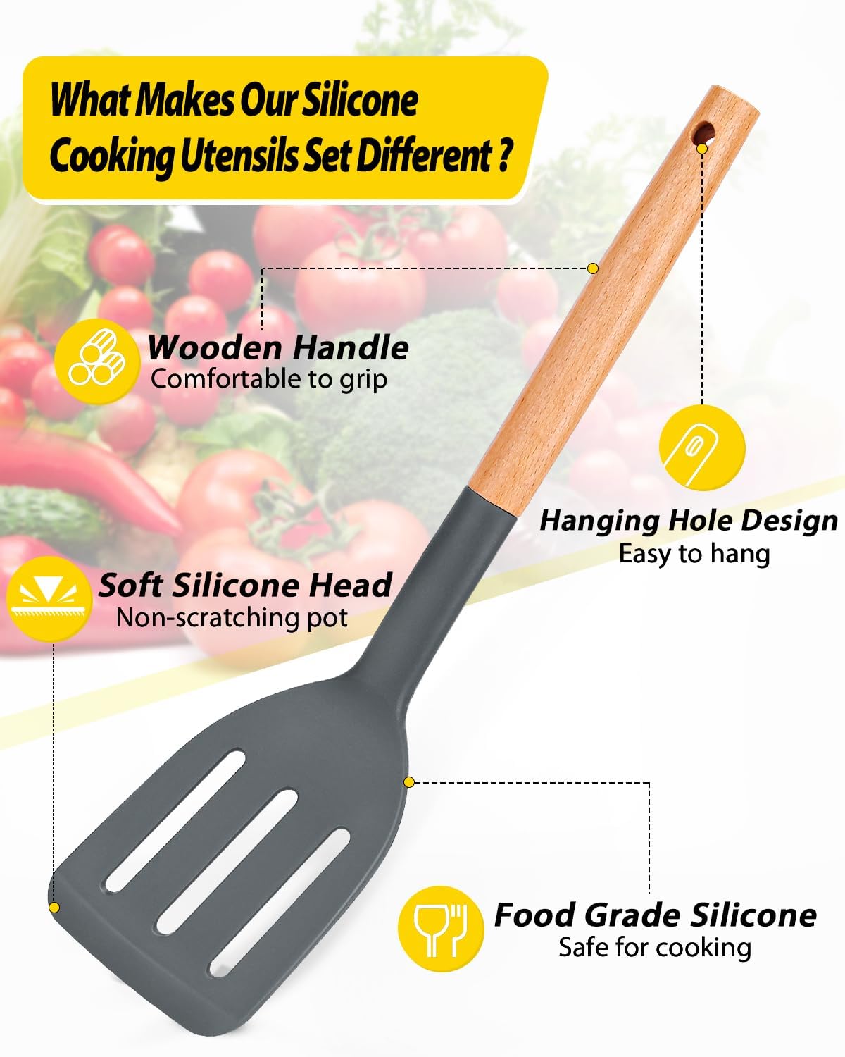 Pack of 4 Silicone Cooking Utensils Set, Non Stick Solid Spatulas and Heat Resistant Slotted Spoons with Wooden Handle