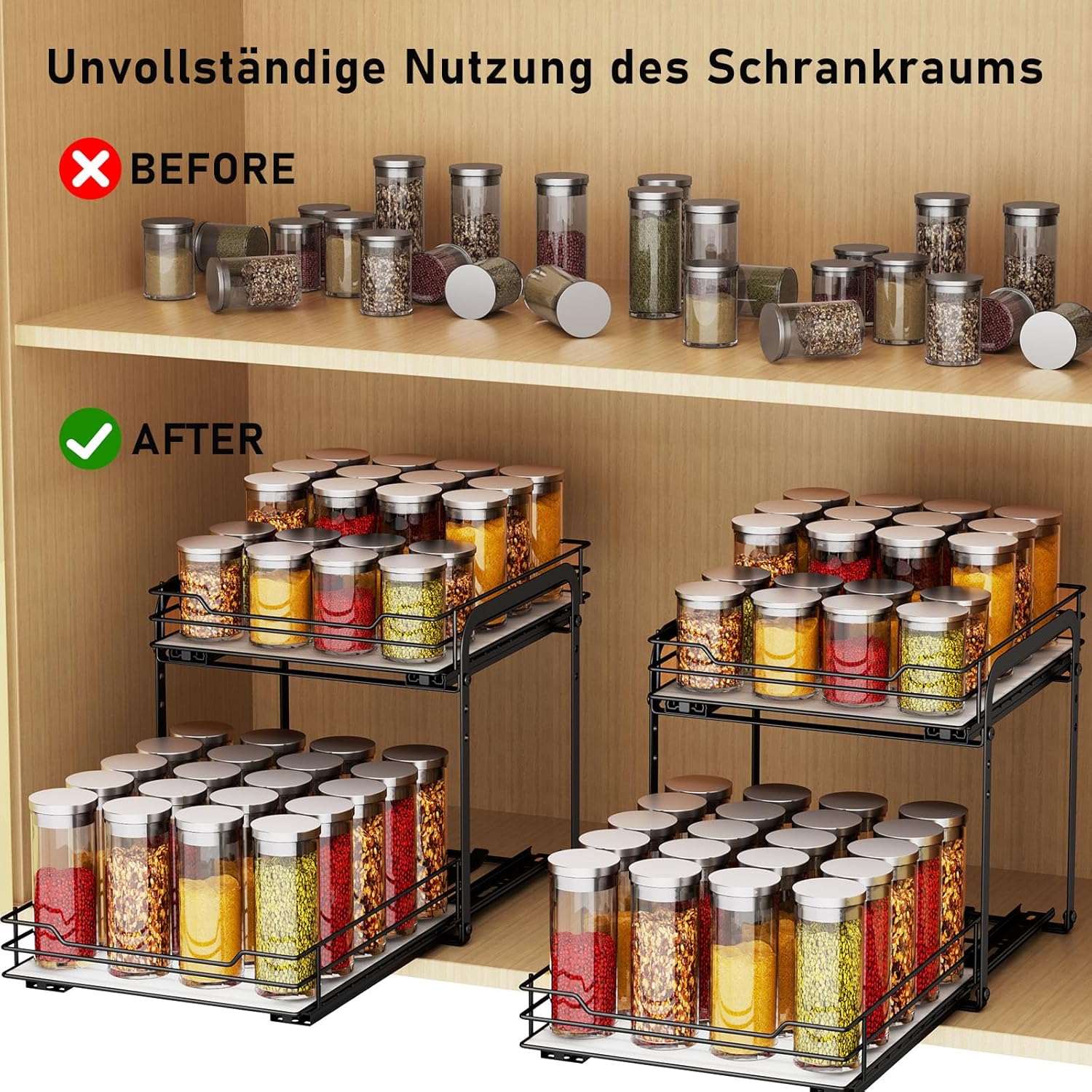 Pull out Spice Rack, 2-Tier Metal Spice Rack with Adjustable Height for Inside Cupboard