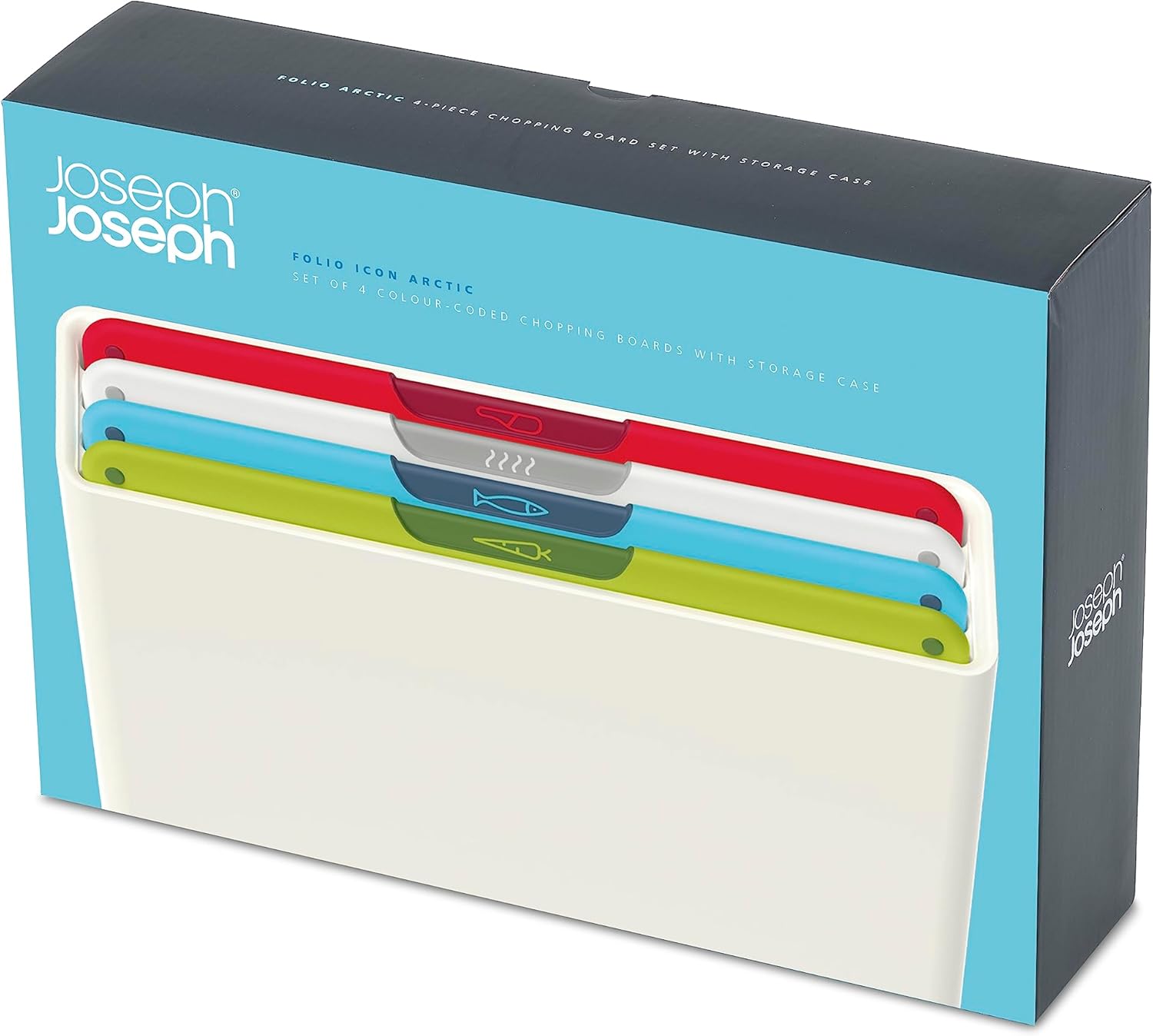 Joseph Joseph Folio Icon, 4-Piece Colour Coded Chopping Board Set, Slimline Case for Organised Kitchen Storage - Regular, White