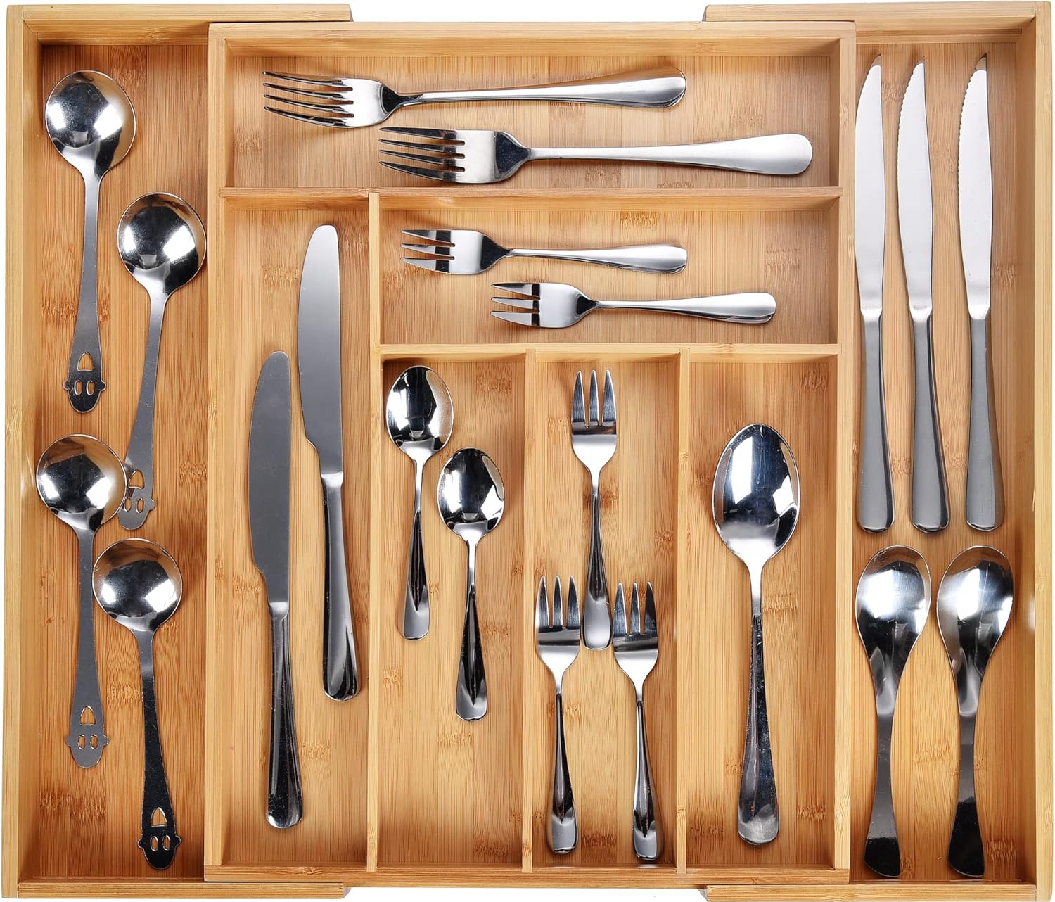 Bamboo Cutlery Tray. 6-8 Compartment Utensil Holder for Kitchen Drawer
