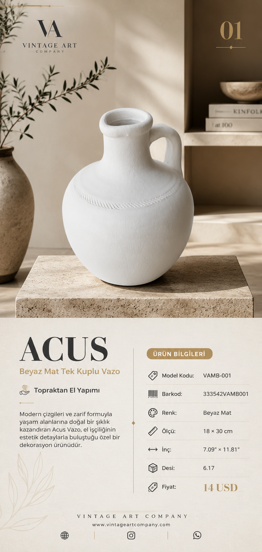 Acus Beyaz Mat Tek Kuplu Vazo 30 cm Yükseklik 18 x 30 Cm - 7,09" x 11,81" 