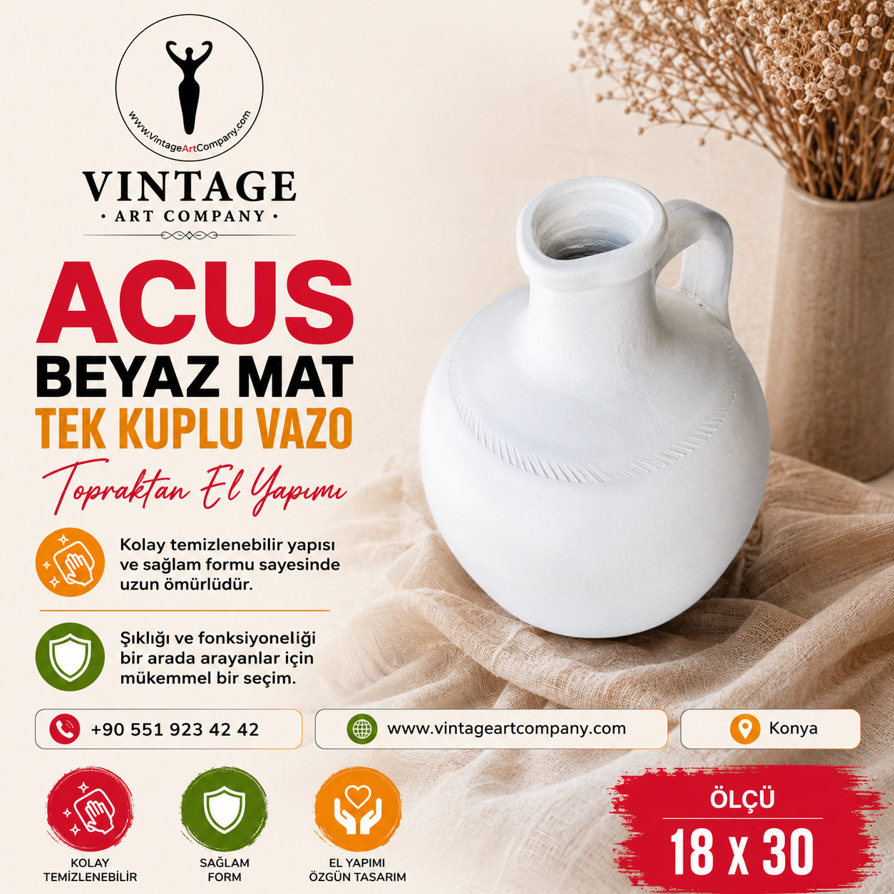 Acus Beyaz Mat Tek Kuplu Vazo 30 cm Yükseklik 18 x 30 Cm - 7,09" x 11,81" 