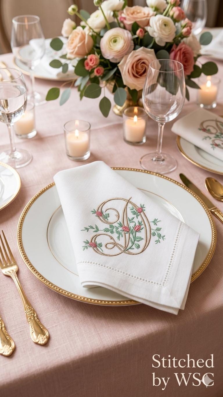 Monogrammed Linen Napkin with Flowers – Vintage Embroidered Elegant Dinner Napkin