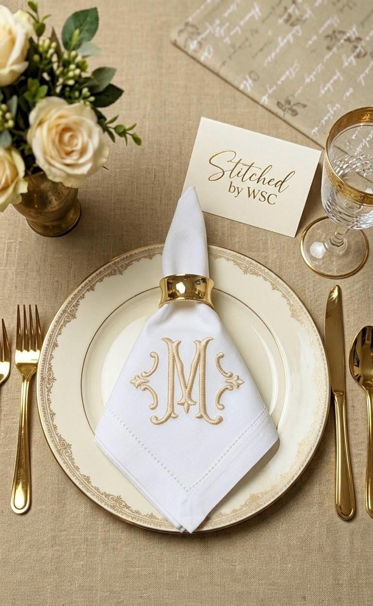 Elegant embroidered dinner napkins | personalized monogram cloth napkins | white hemstitch | custom initial
