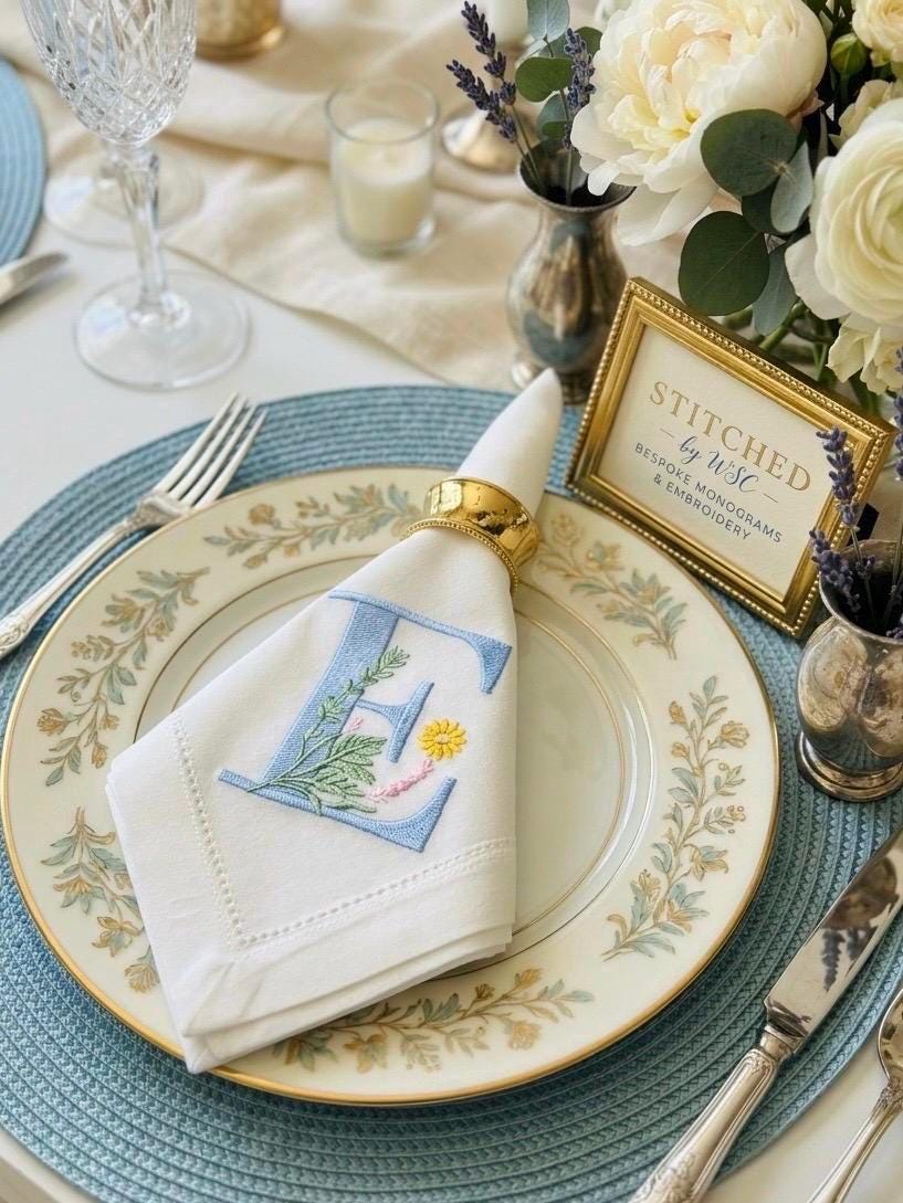 Embroidered Monogram Napkins – Spring Daisies Cotton Table Linens