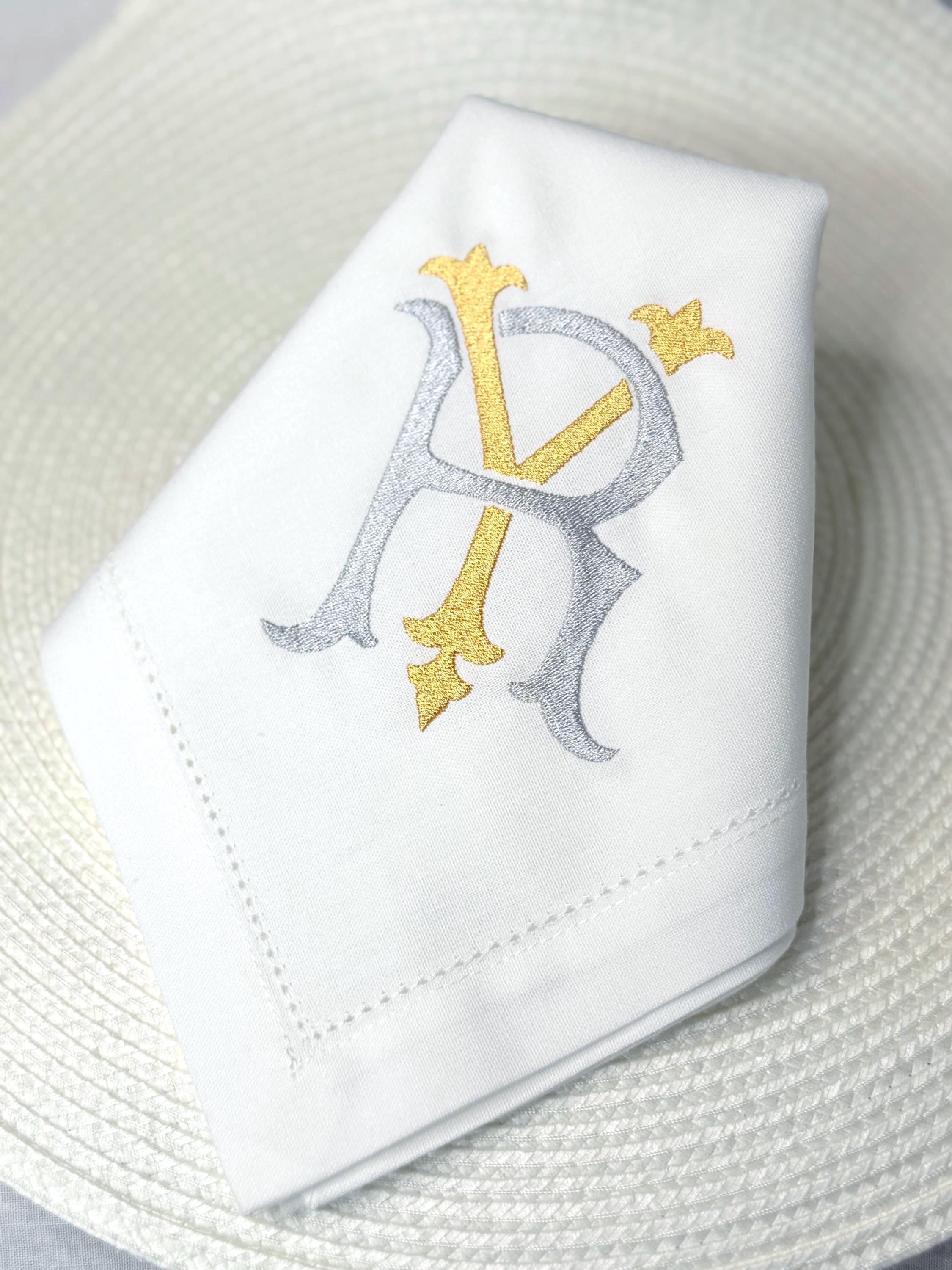 Elegant White Hemstitch Linen Napkin Monogrammed with Modern Initial - Wedding Anniversary