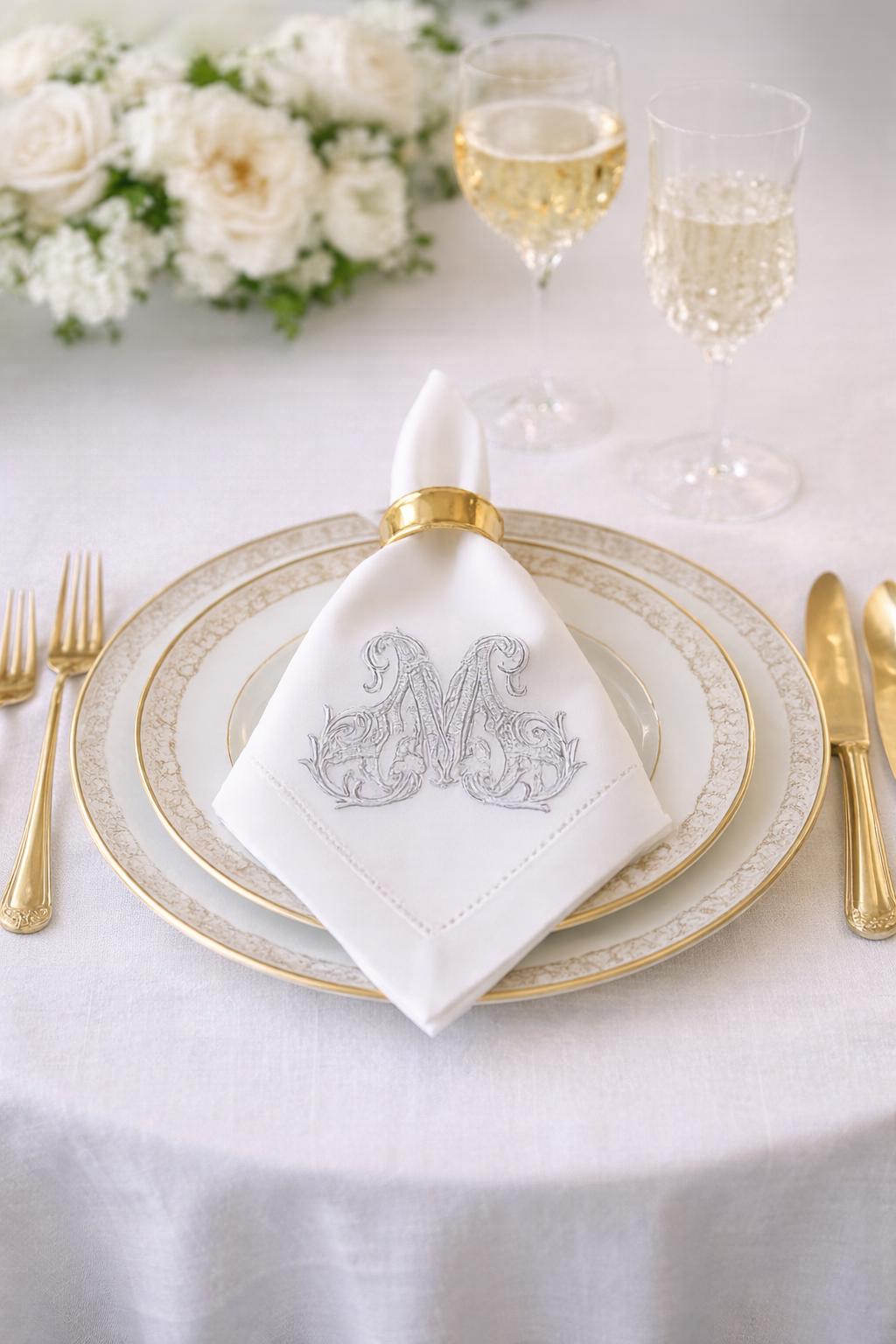 Embroidered Linen Napkin – Vintage Monogram Initial, Hemstitch Cotton Blend