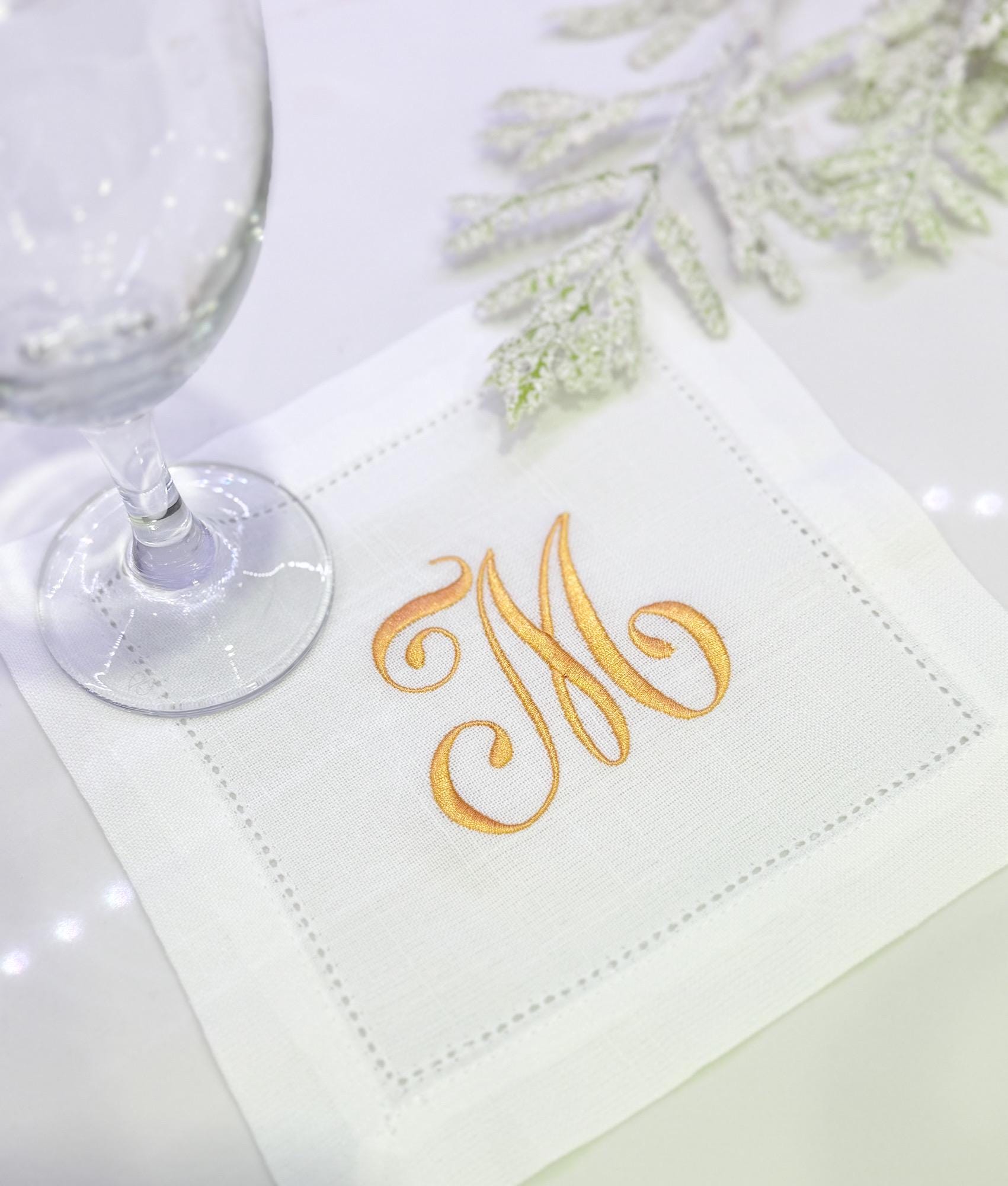 Embroidered Monogram Linen Cocktail Napkin – Personalized Hemstitch Barware
