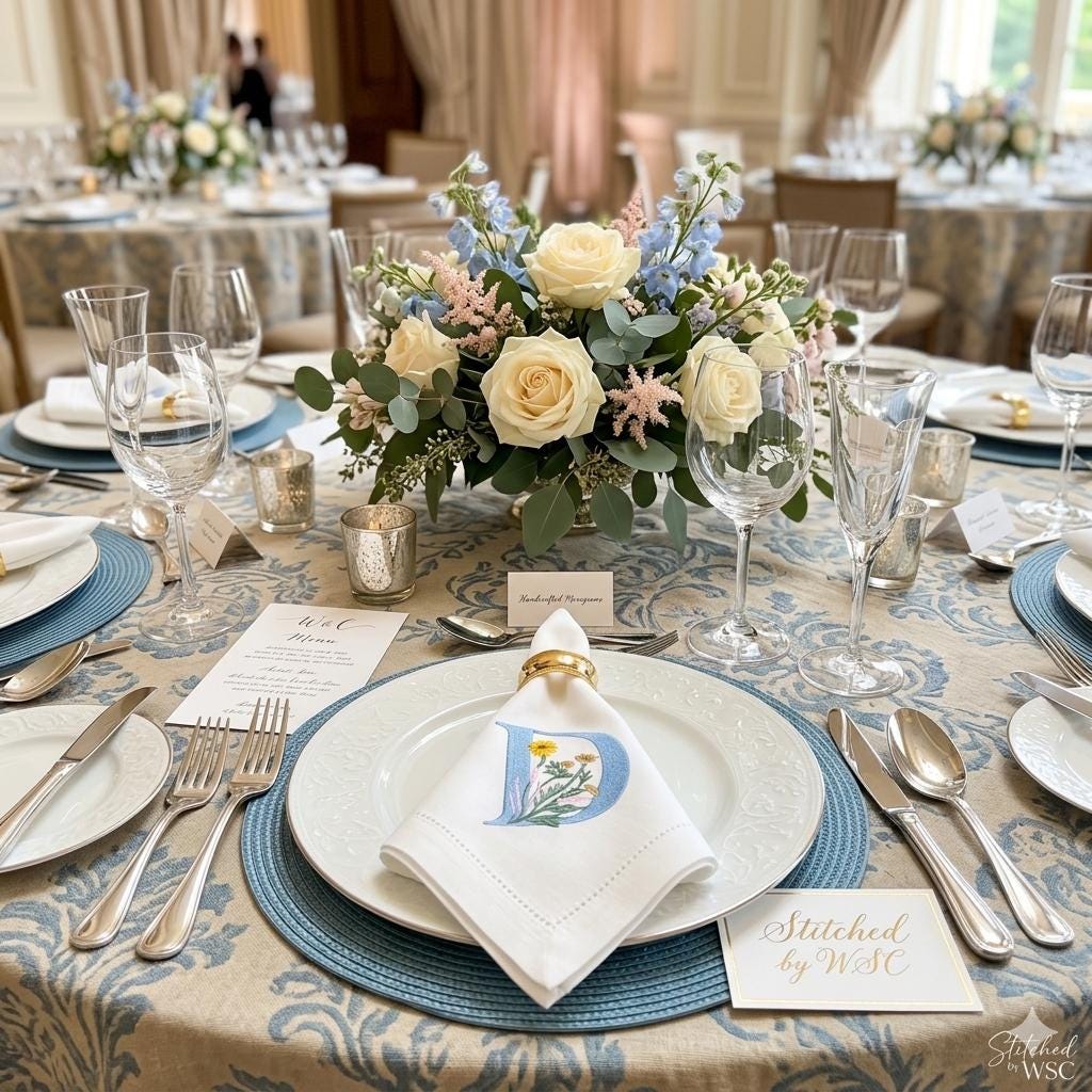 Monogrammed Spring Flowers Napkins with Initial – Embroidered Elegant Dinner Table Linen Napkins Decor