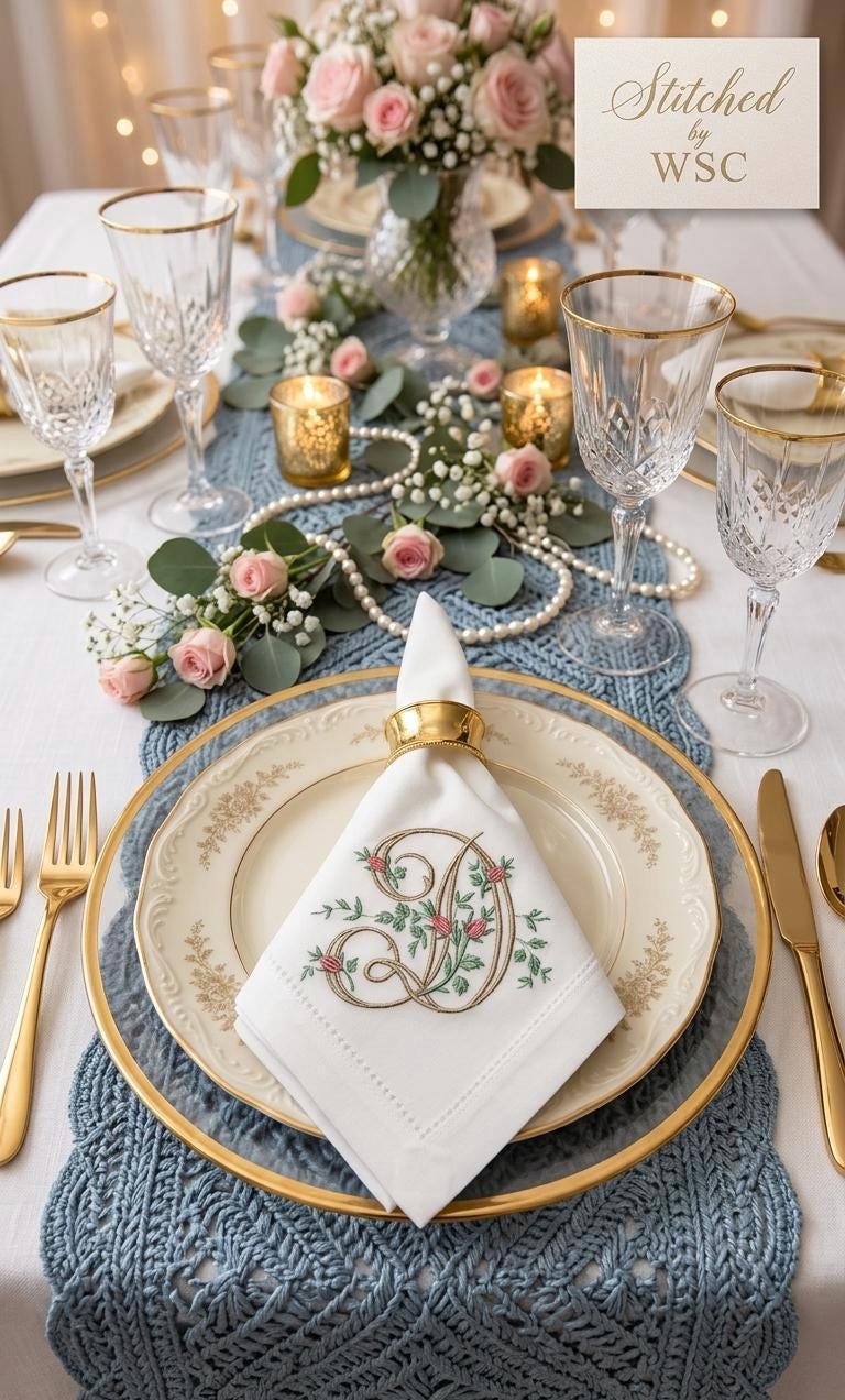 Monogrammed Linen Napkin with Flowers – Vintage Elegant Dinner Napkin Decor Gift