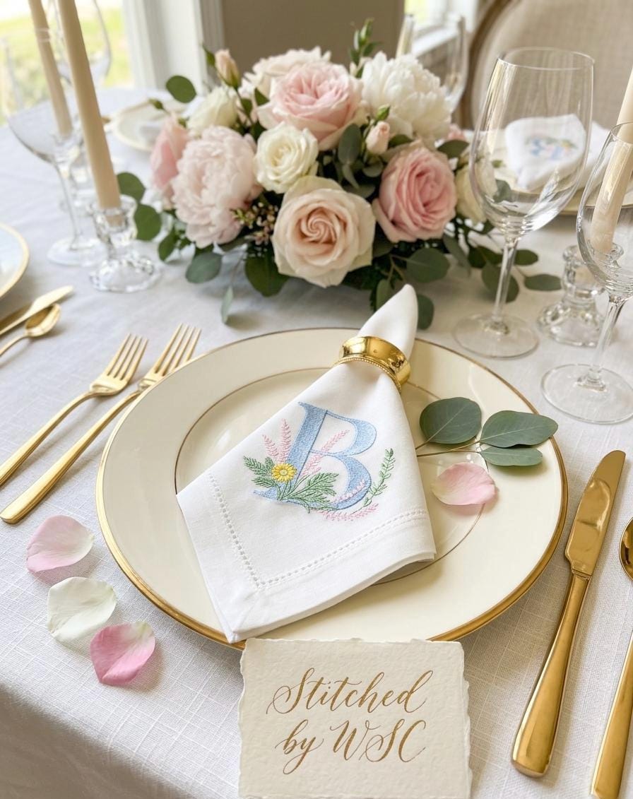 Embroidered Monogram Napkins – Spring Daisies, White Cotton Hemstitched Linen Table Decor