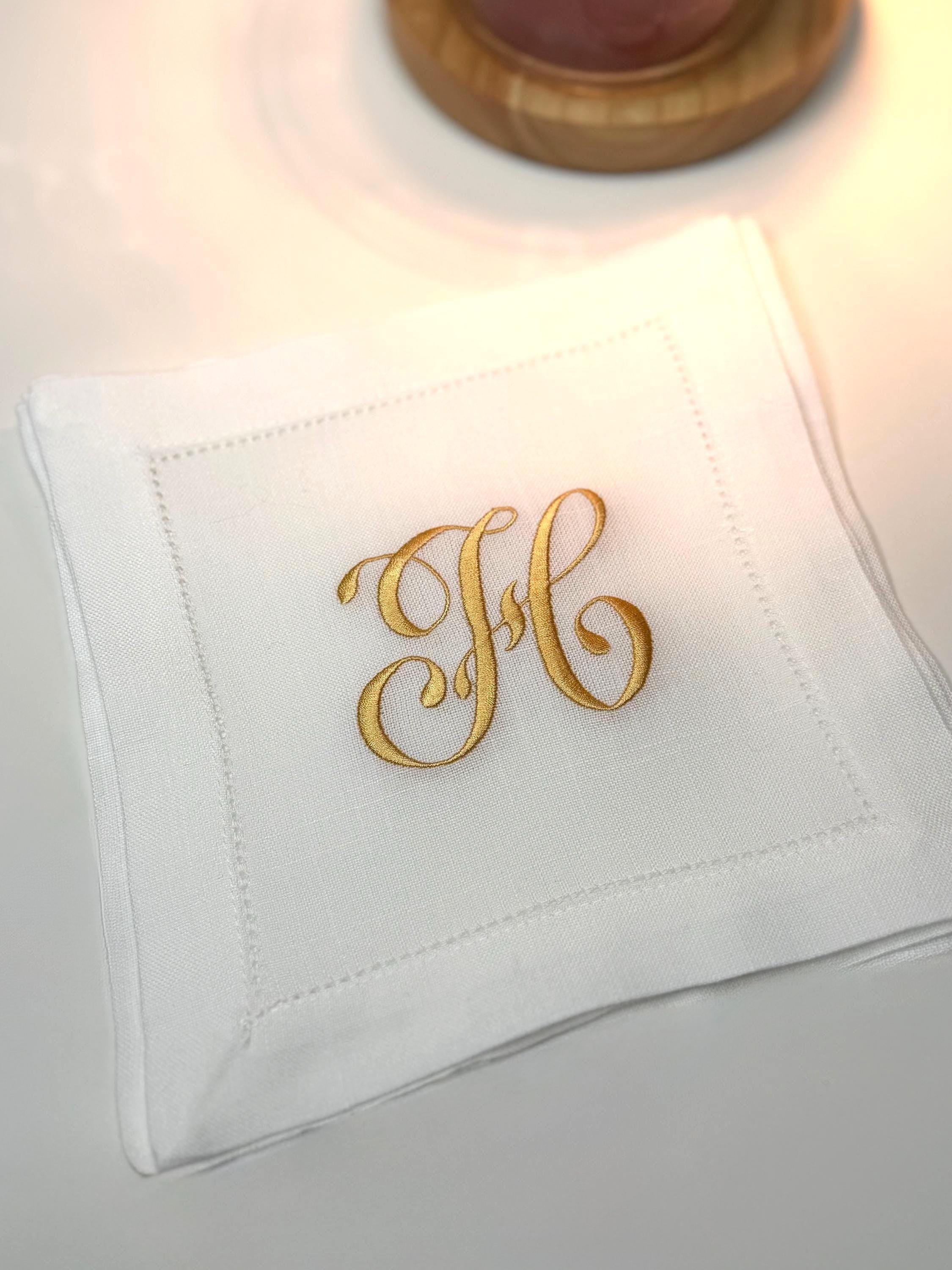 Embroidered Linen Cocktail Napkin – Monogram Hemstitch Barware