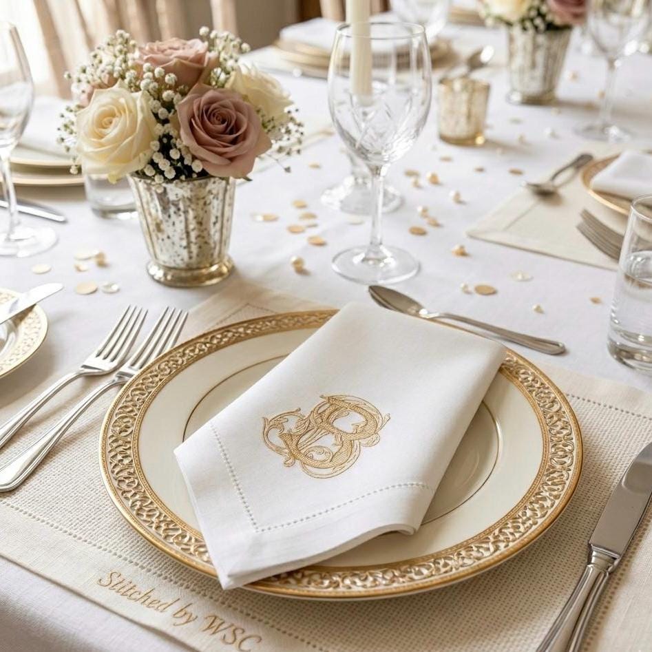 Embroidered Linen Cotton Napkin • Vintage Monogram Initial, Custom Table Decor