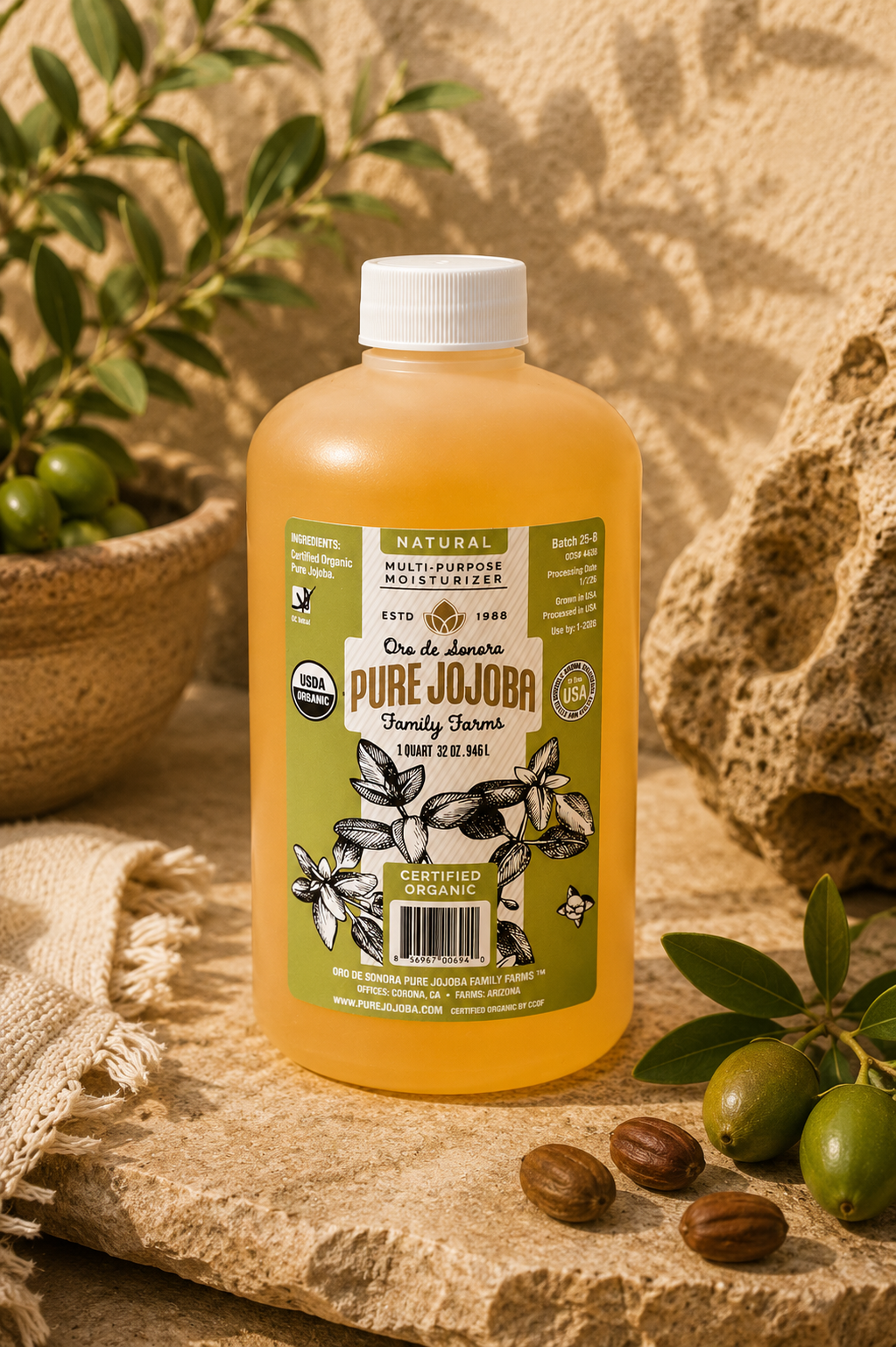 32 ounces- (Quart) of Pure Certified Organic Arizona Grown Jojoba