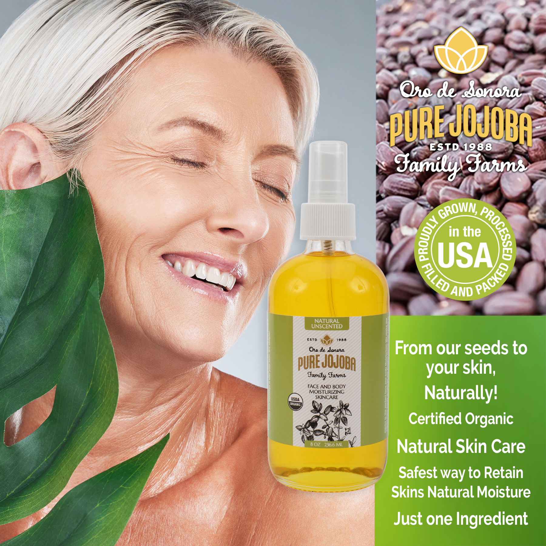 8oz Pure Certified Organic Arizona Grown Jojoba - in a Glass Bottle