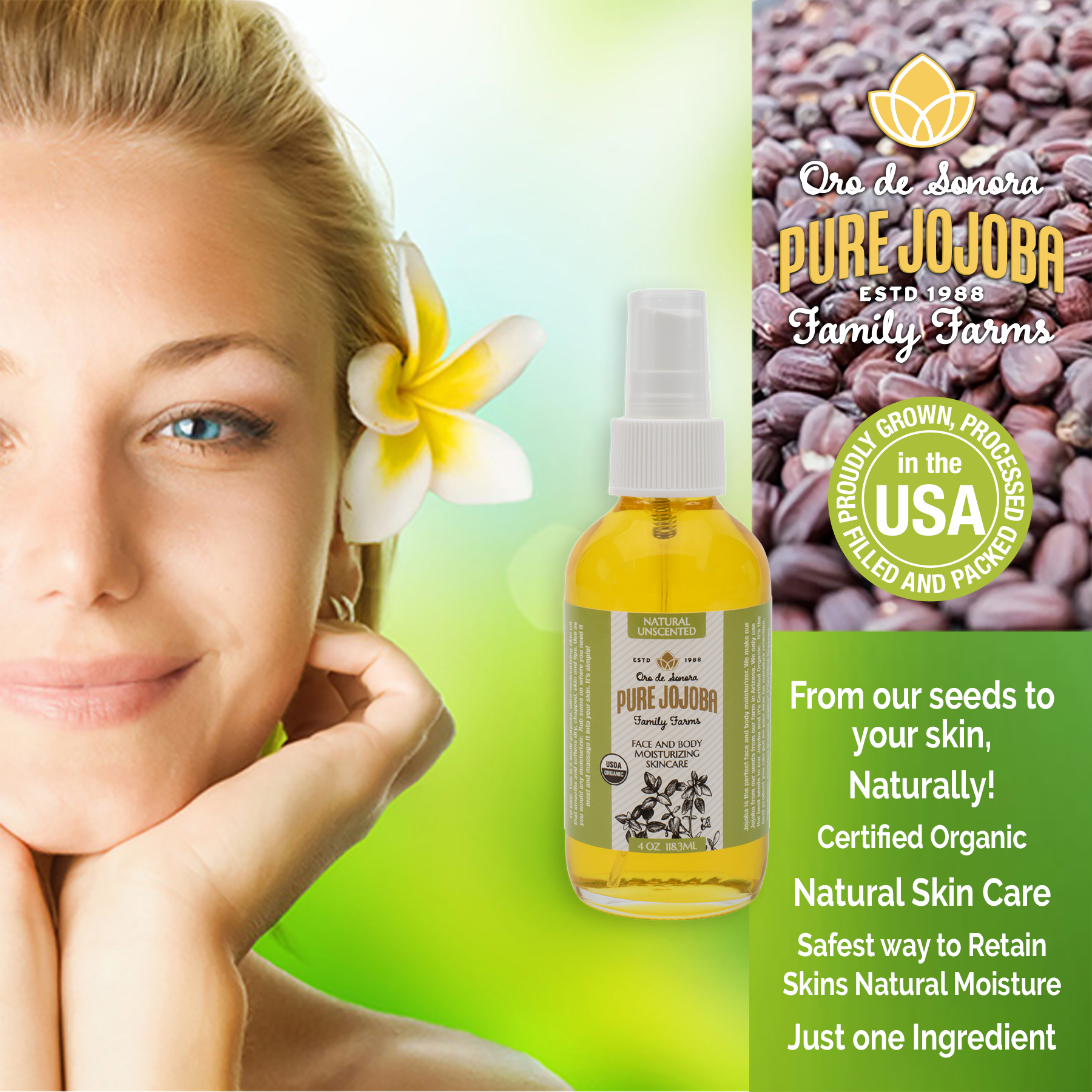 4oz Pure Certified Organic Arizona Grown Jojoba - in a Glass Bottle