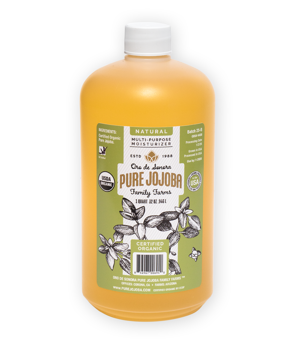 32 ounces- (Quart) of Pure Certified Organic Arizona Grown Jojoba