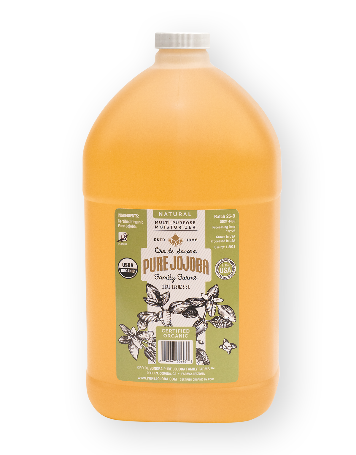 128 ounces- (1 Gallon) of Pure Certified Organic Arizona Grown Jojoba