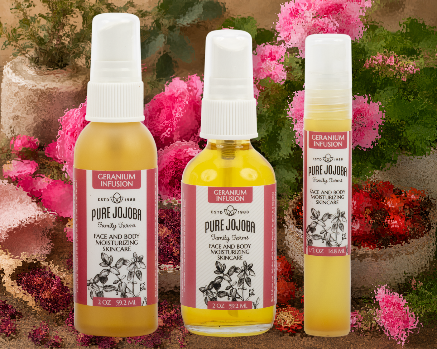 GERANIUM ROSE Infused Pure Jojoba Face and Body Moisturizing Skincare