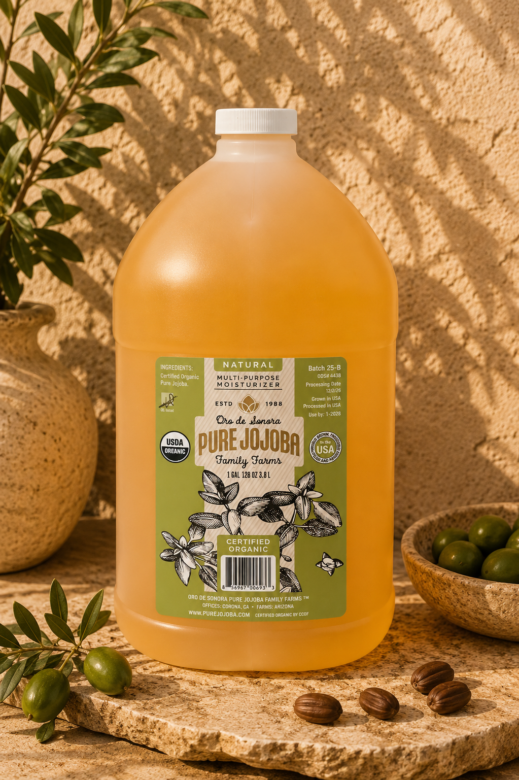 128 ounces- (1 Gallon) of Pure Certified Organic Arizona Grown Jojoba