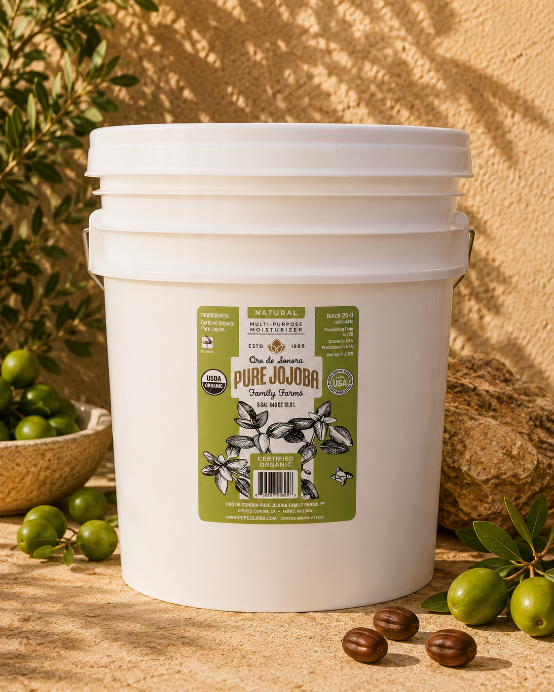 640 ounces- (5 Gallons) of Pure Certified Organic Arizona Grown Jojoba