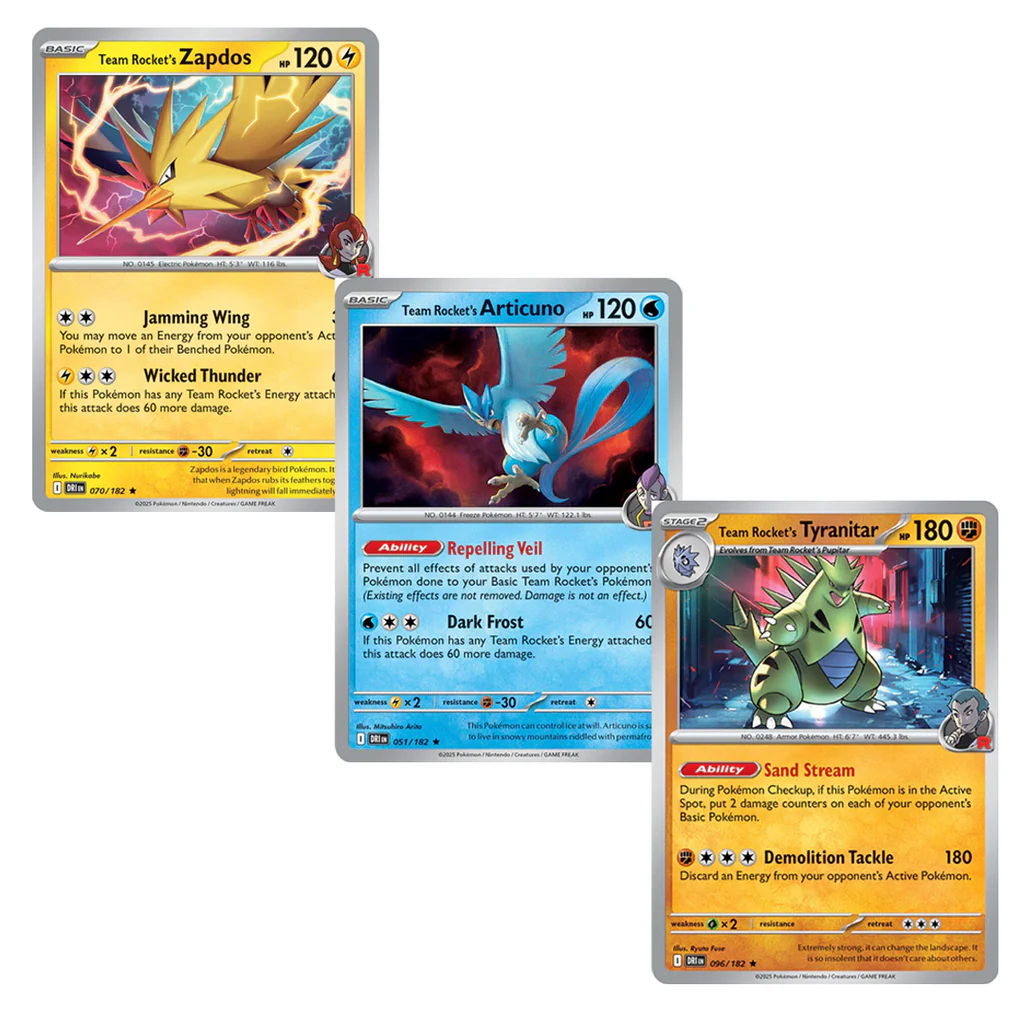 Set de Cartas Team Rocket Zapdos, Tyranitar y articuno Holo Promo (Ingles)
