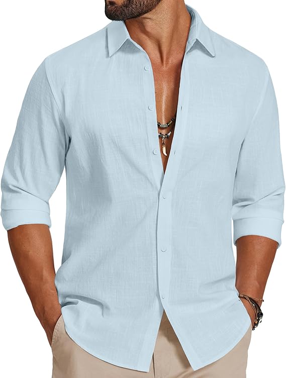 COOFANDY Men's Casual Button Down Shirts Long Sleeve Cotton Beach Wedding Shirt Summer Linen Shirt for Men