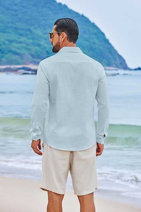 COOFANDY Men's Casual Button Down Shirts Long Sleeve Cotton Beach Wedding Shirt Summer Linen Shirt for Men