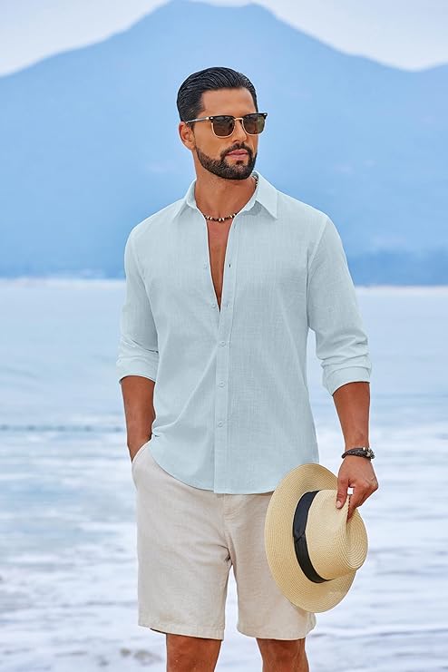 COOFANDY Men's Casual Button Down Shirts Long Sleeve Cotton Beach Wedding Shirt Summer Linen Shirt for Men