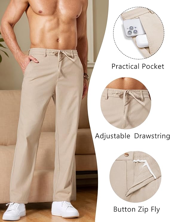 COOFANDY Men's Cotton Linen Pants [Relaxed Fit] Casual Drawstring Dress Pants Beach Summer Lightweight Trousers