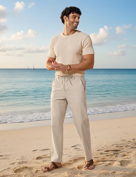 COOFANDY Men's Cotton Linen Pants [Relaxed Fit] Casual Drawstring Dress Pants Beach Summer Lightweight Trousers
