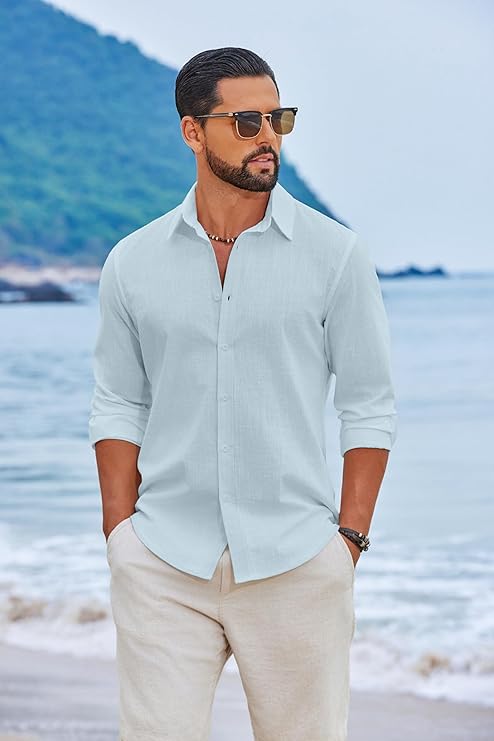 COOFANDY Men's Casual Button Down Shirts Long Sleeve Cotton Beach Wedding Shirt Summer Linen Shirt for Men