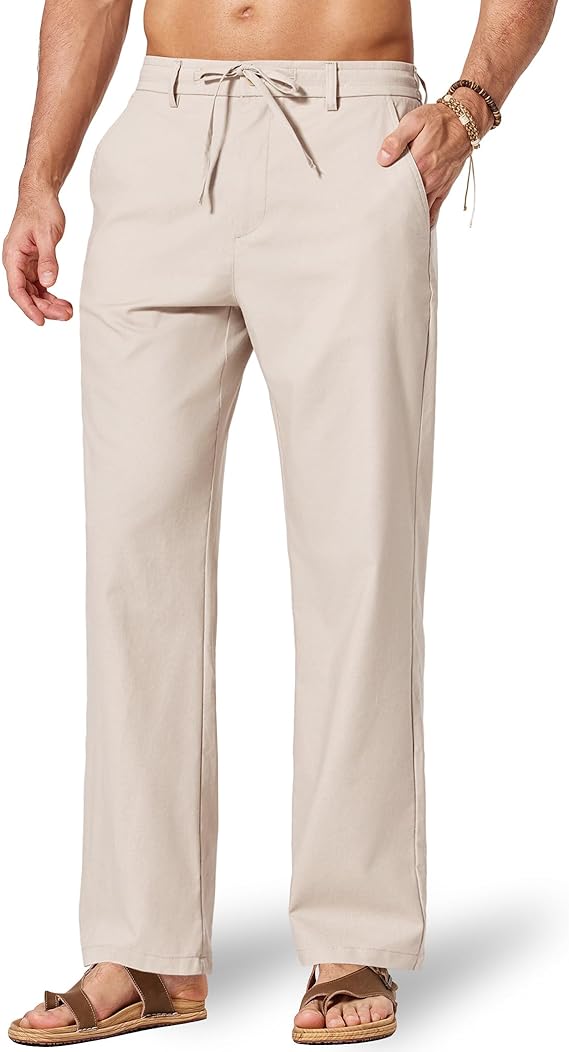 COOFANDY Men's Cotton Linen Pants [Relaxed Fit] Casual Drawstring Dress Pants Beach Summer Lightweight Trousers