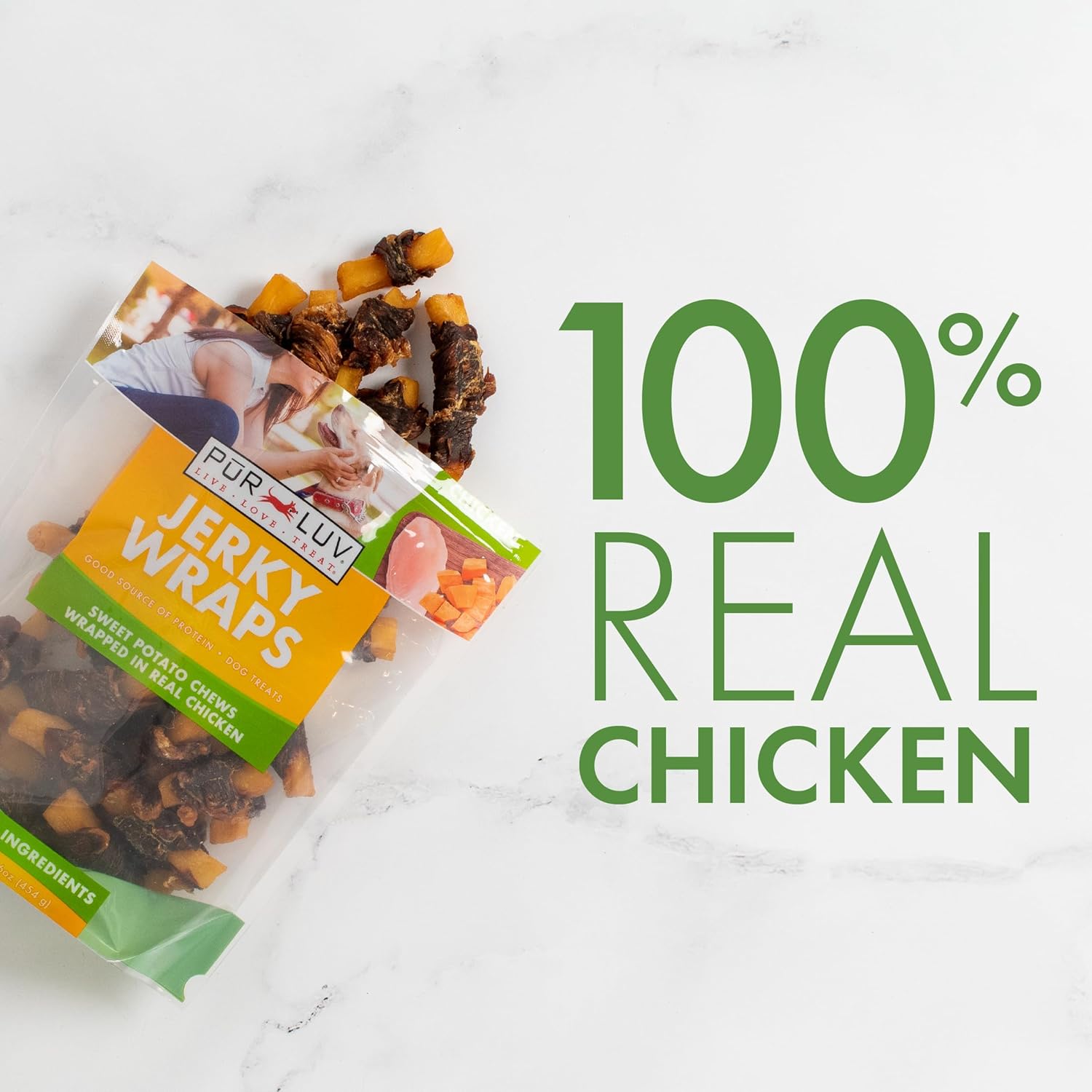 Pur Luv Chicken Wrapped Sweet Potato Dog Treats, Rawhide Free Jerky Wraps, Made with Real Chicken, 16 Oz, Healthy, Easily Digestible, Long Lasting, High Protein Treat, Satisfies Dog's Urge to Chew 