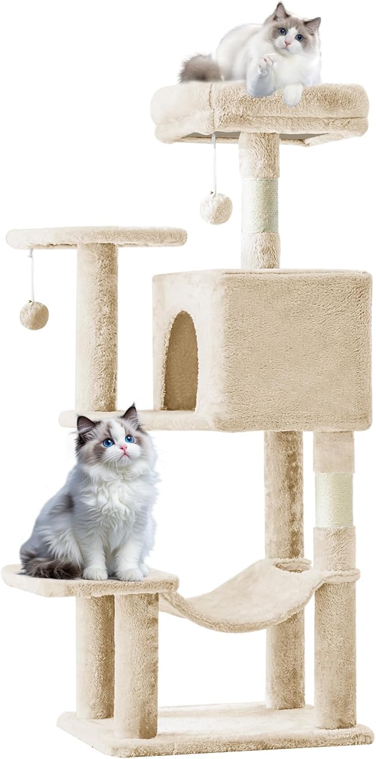 Sweetcrispy 44 Inch Cat Tree Tower, Cat Climbing Tower with Natural Sisal Scratching Posts, Hammock, Pet Condo for Indoor Cats and Kittens Play, Beige 