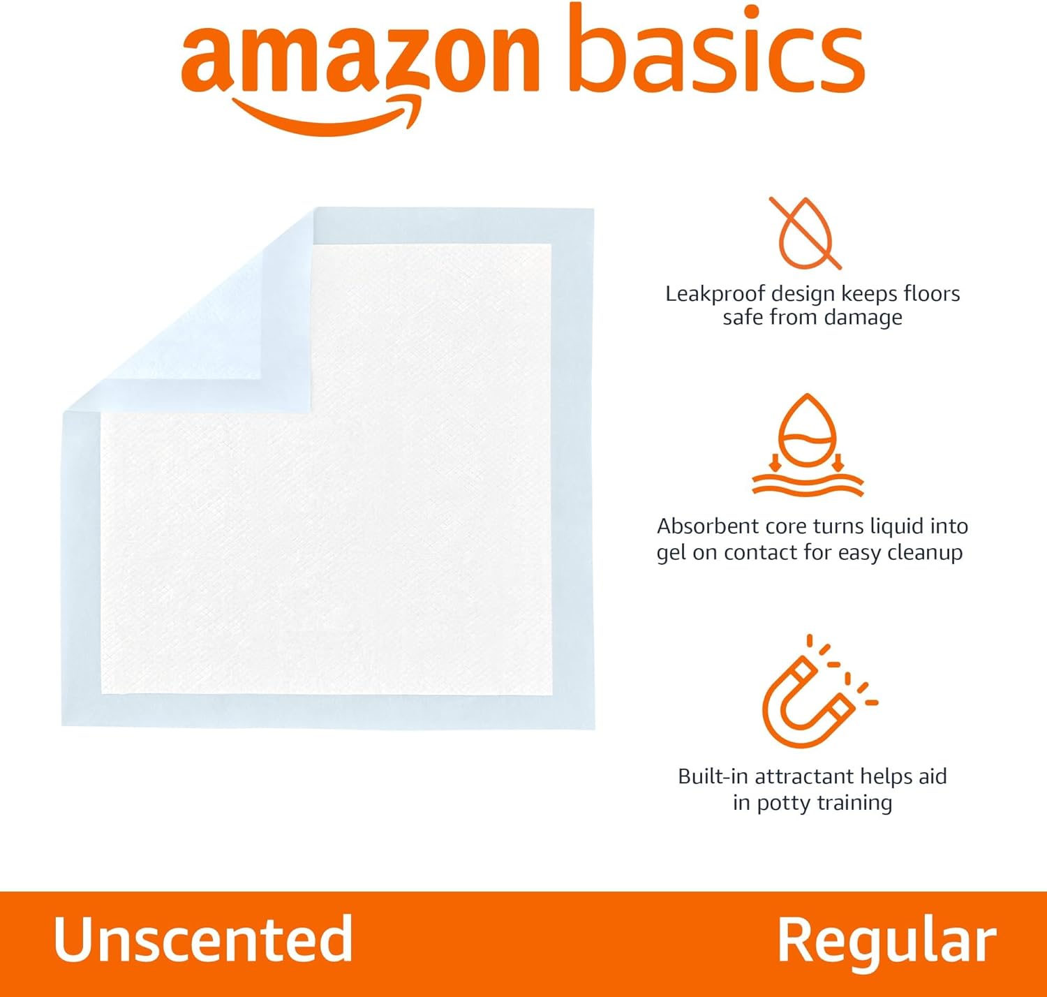 Amazon Basics Leak-Proof Dog and Puppy Potty Training Pee Pads with Quick-Dry 5-Layer Super Absorbent Surface for Dog Training, Floor Protection, Regular Size 22x22", Blue & White, 50 Count 