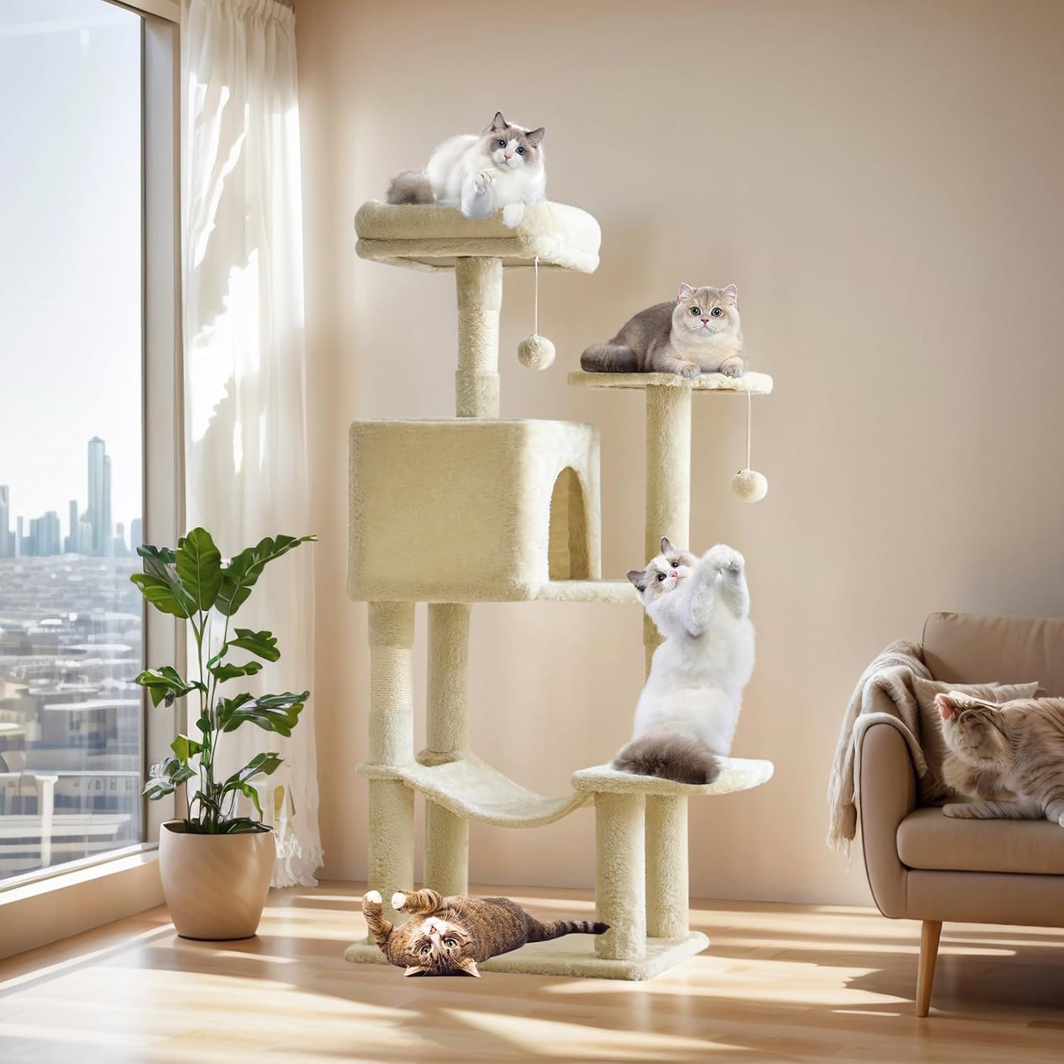 Sweetcrispy 44 Inch Cat Tree Tower, Cat Climbing Tower with Natural Sisal Scratching Posts, Hammock, Pet Condo for Indoor Cats and Kittens Play, Beige 