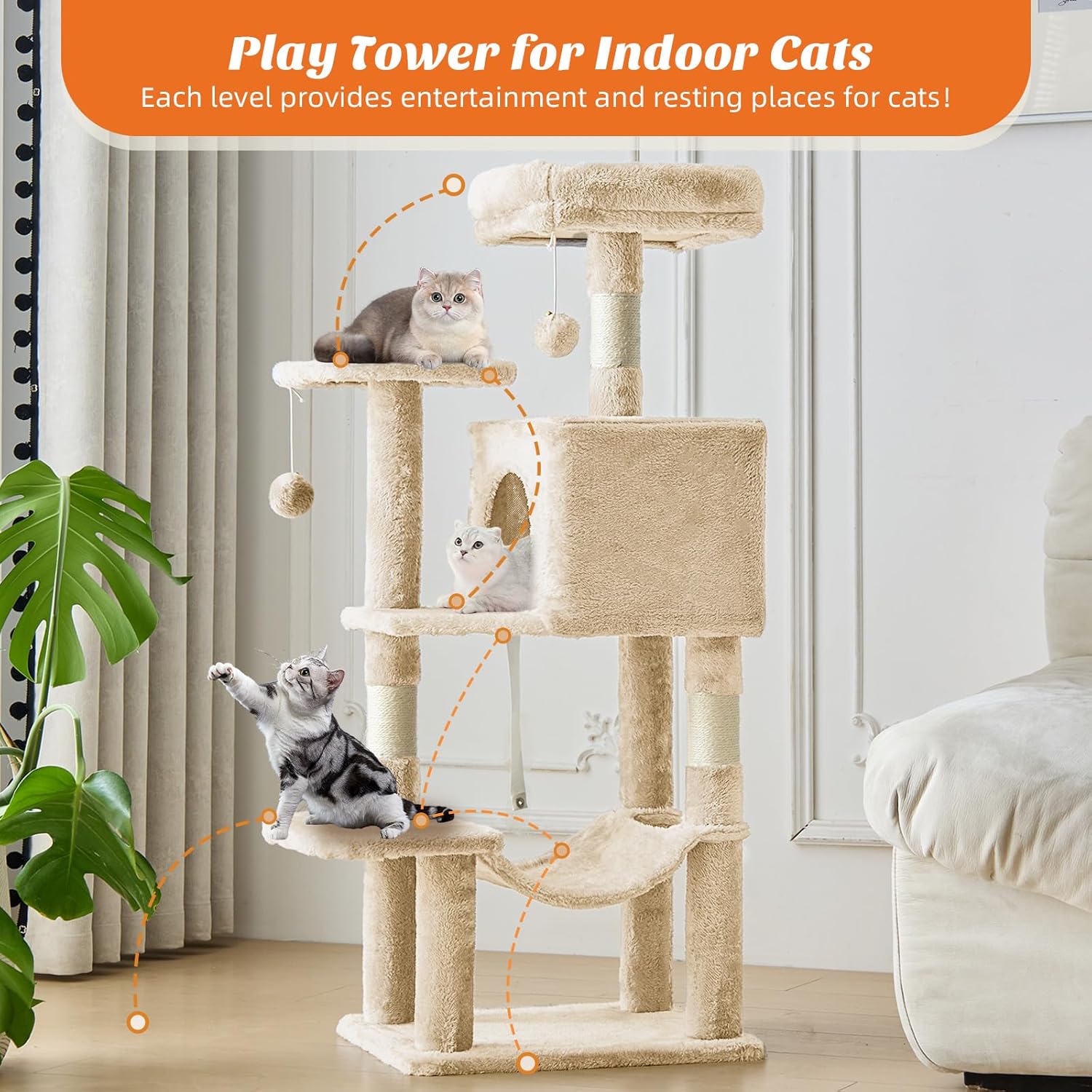 Sweetcrispy 44 Inch Cat Tree Tower, Cat Climbing Tower with Natural Sisal Scratching Posts, Hammock, Pet Condo for Indoor Cats and Kittens Play, Beige 