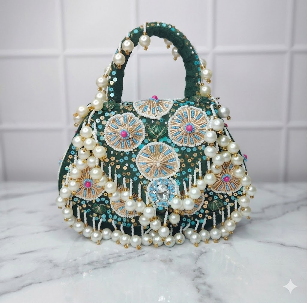 Slingss luxury Range Handing Beads Embroidered Party wear Hand Bag For Ladies With Handle & Chain