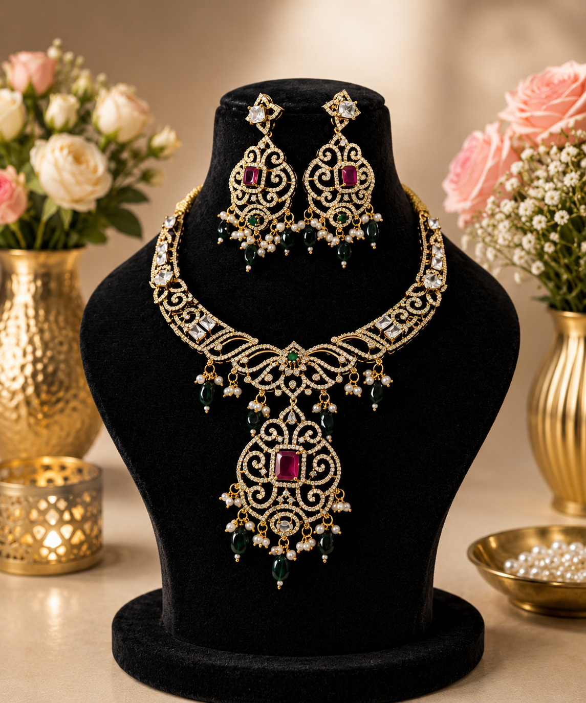  Victorian Gold Plated Kundan Necklace Set