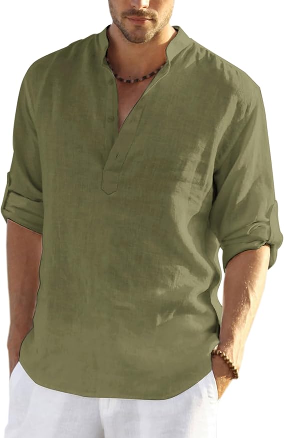 COOFANDY Men's Cotton Linen Henley T-Shirt Long Sleeve Hippie Casual Beach T-Shirts 