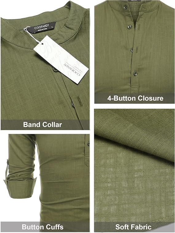 COOFANDY Men's Cotton Linen Henley T-Shirt Long Sleeve Hippie Casual Beach T-Shirts 
