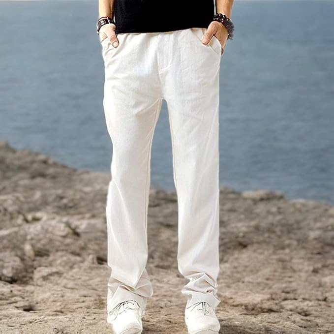 SIR7 Men's Linen Casual Lightweight Drawstrintg Elastic Waist Summer Beach Pants 