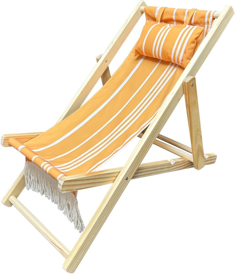 Children’s Vintage Sun Lounger Sling Chair | Wooden Frame with Canvas Fabric | Outdoor Folding Deck Chair for Kids Ages 5+ | Portable & Lightweight for Backyard, Poolside, or Beach (Sunrise Fringe)