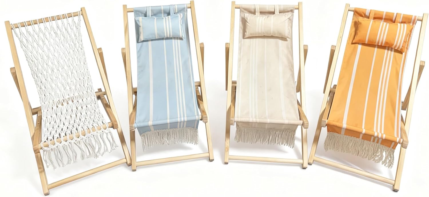 Children’s Vintage Sun Lounger Sling Chair | Wooden Frame with Canvas Fabric | Outdoor Folding Deck Chair for Kids Ages 5+ | Portable & Lightweight for Backyard, Poolside, or Beach (Sunrise Fringe)