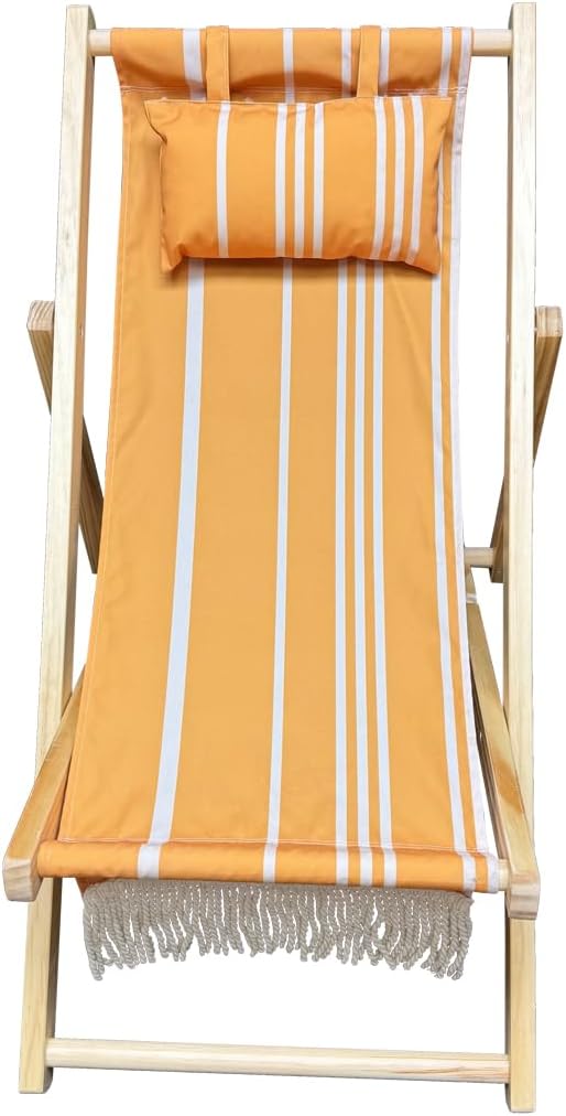 Children’s Vintage Sun Lounger Sling Chair | Wooden Frame with Canvas Fabric | Outdoor Folding Deck Chair for Kids Ages 5+ | Portable & Lightweight for Backyard, Poolside, or Beach (Sunrise Fringe)