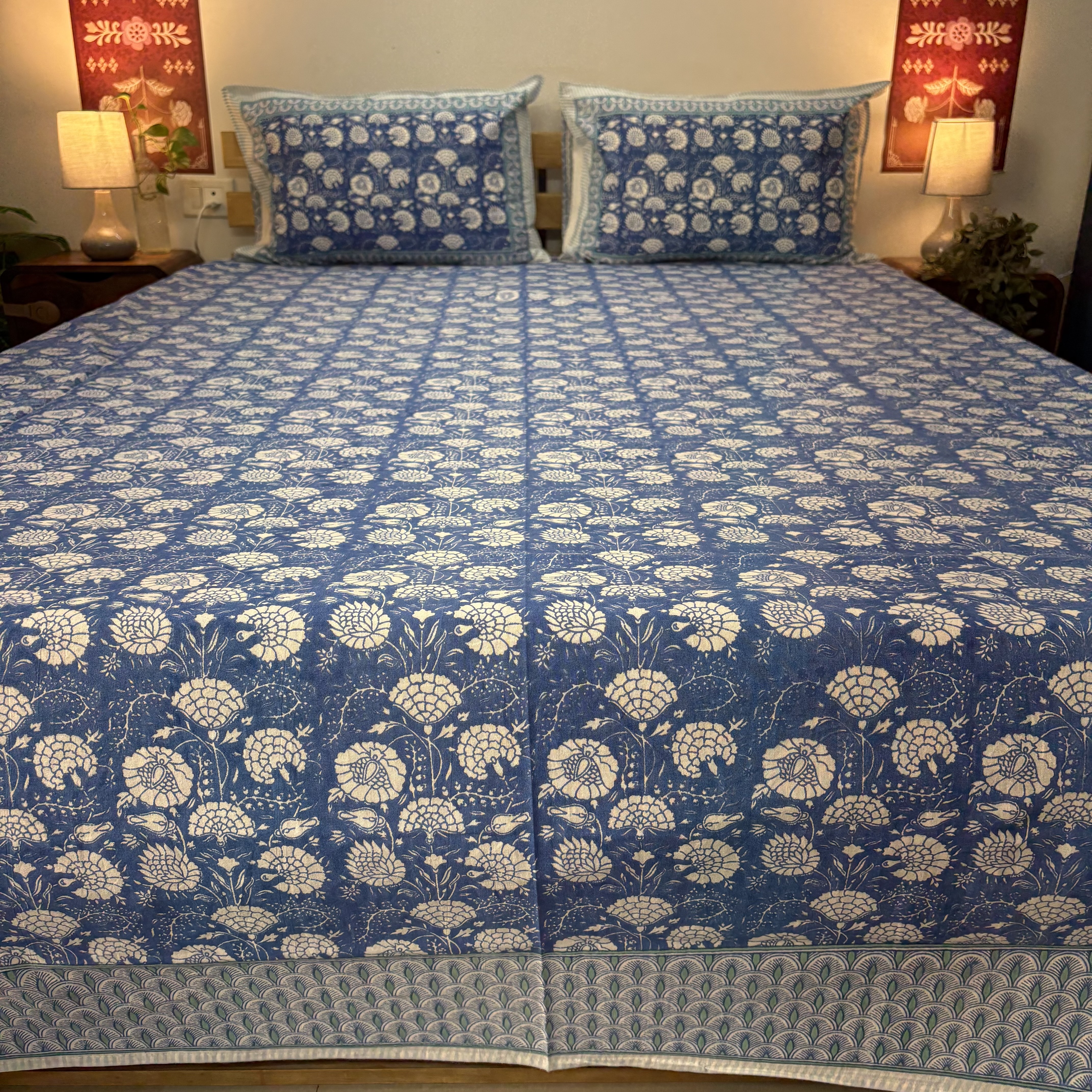 Blue Floral Print Cotton Bedsheet Set