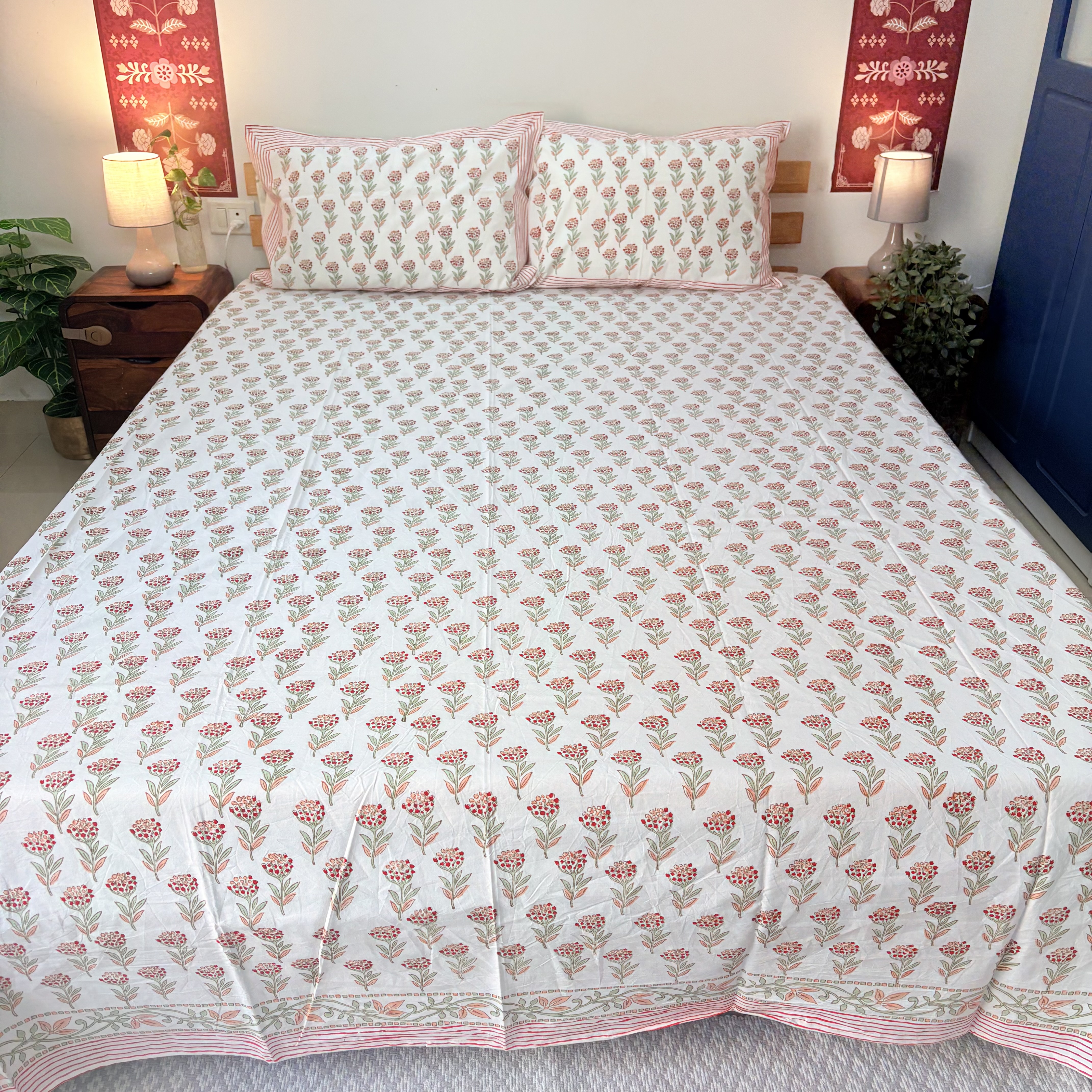Percale Cotton Handblock Floral Bedsheet Set